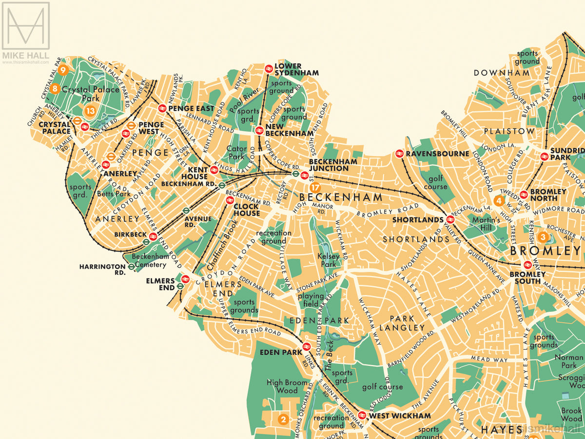 Bromley (London borough) retro map giclee print – Mike Hall Maps