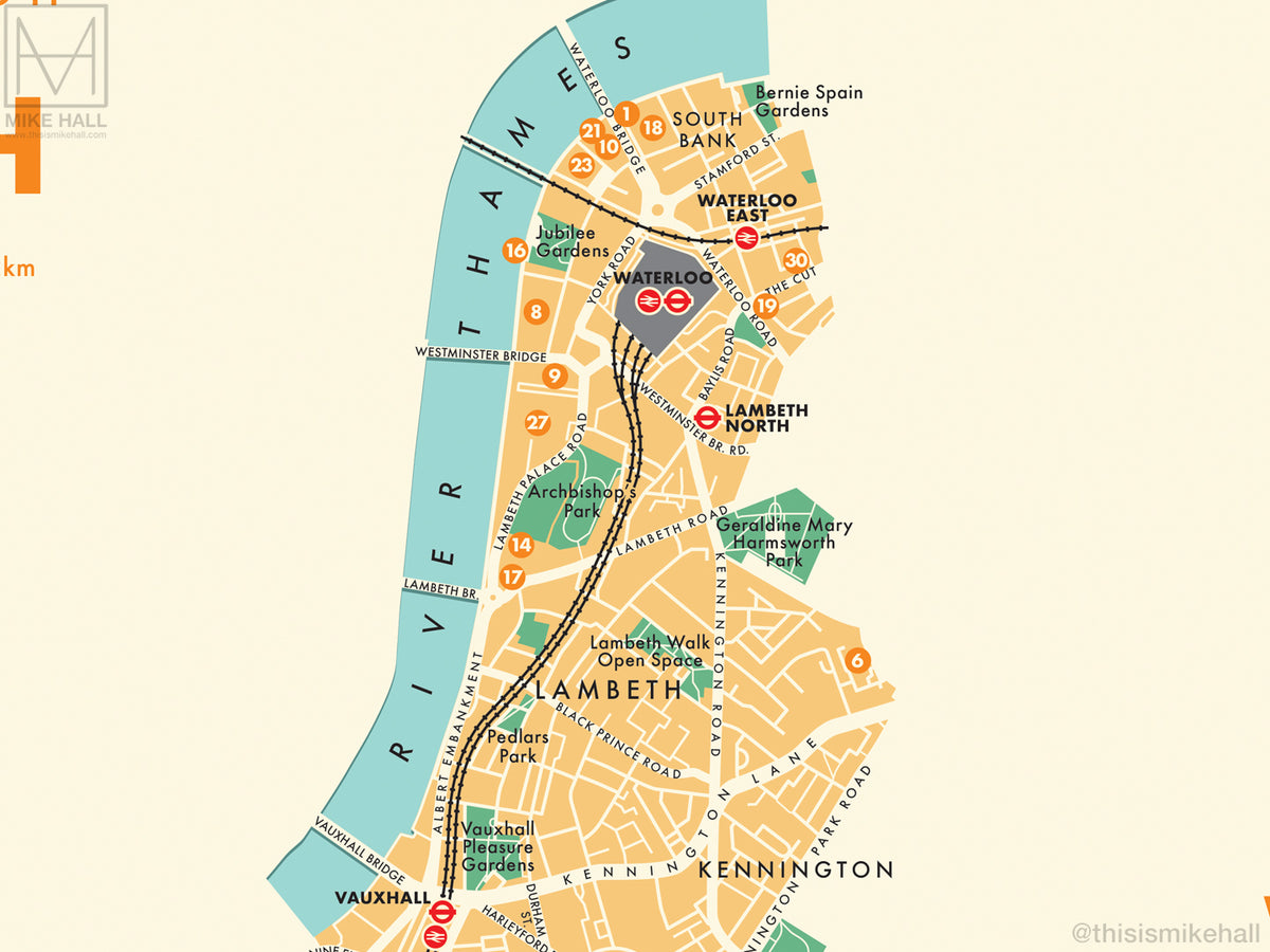 Lambeth (London borough) retro map giclee print Mike Hall Maps
