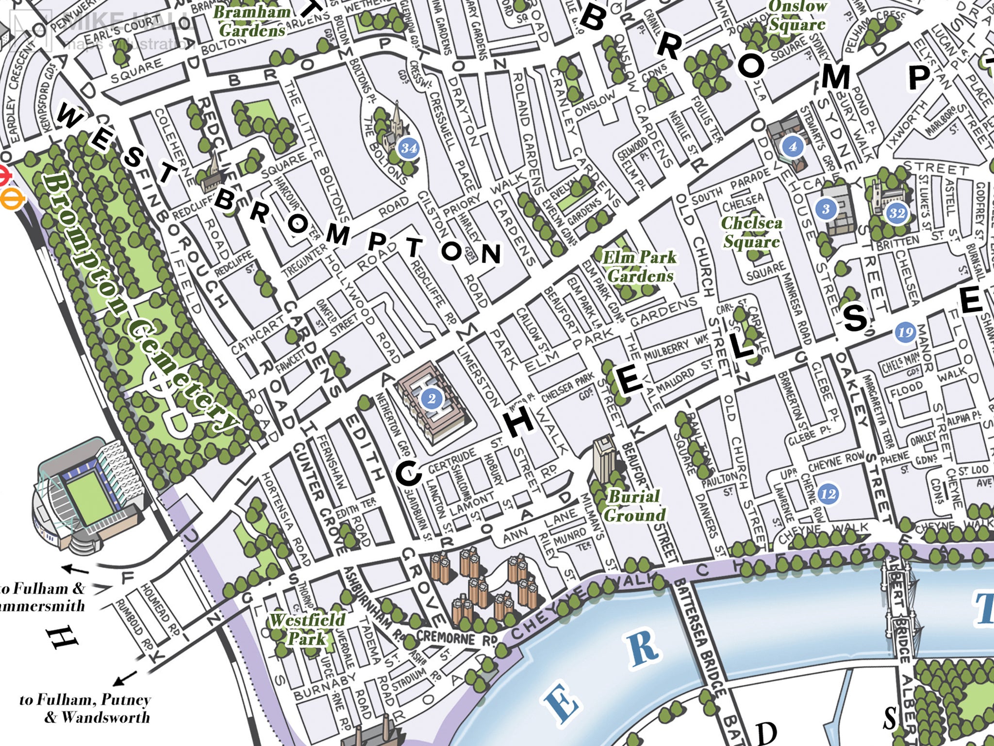 Kensington & Chelsea (London borough) illustrated map giclee print ...