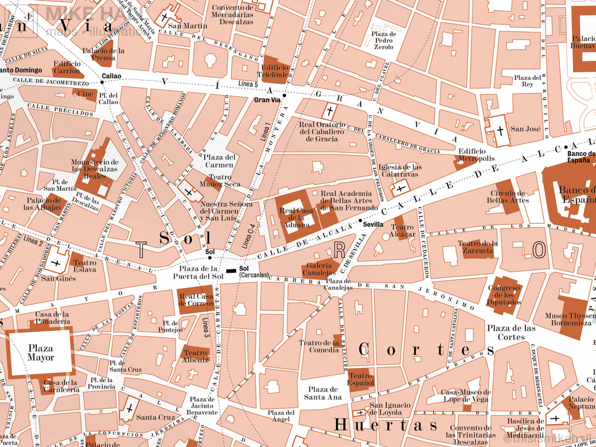 Madrid, Spain city map giclee print – Mike Hall Maps & illustration