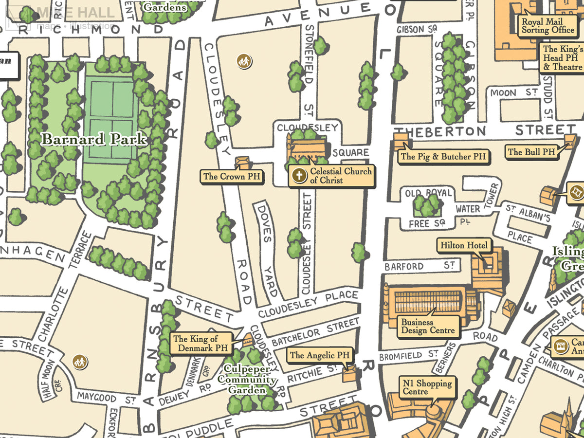 Angel, Islington (London N1) illustrated map giclee print – Mike Hall ...