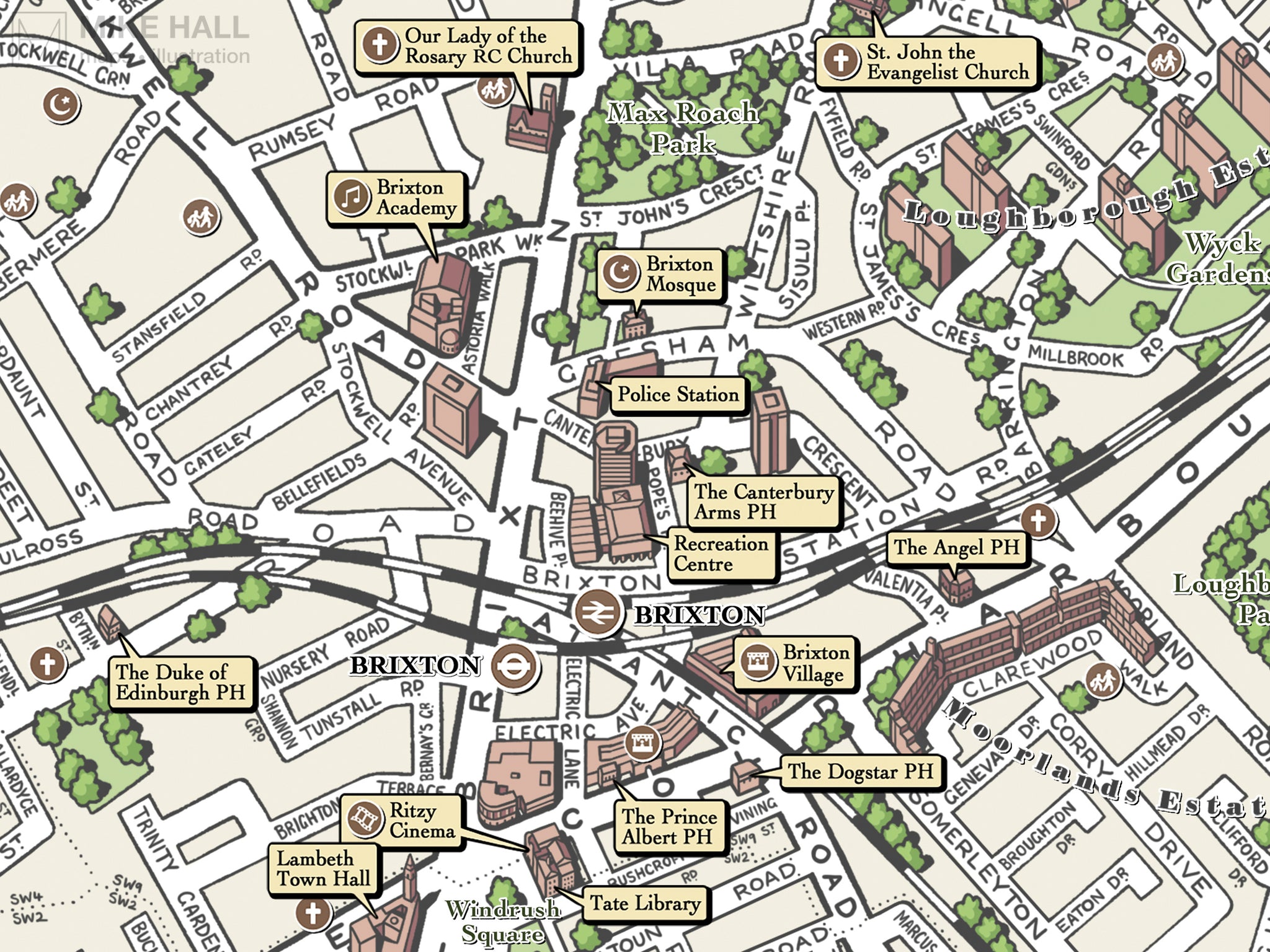 Brixton (London SW2/SW9) illustrated map giclee print – Mike Hall Maps ...