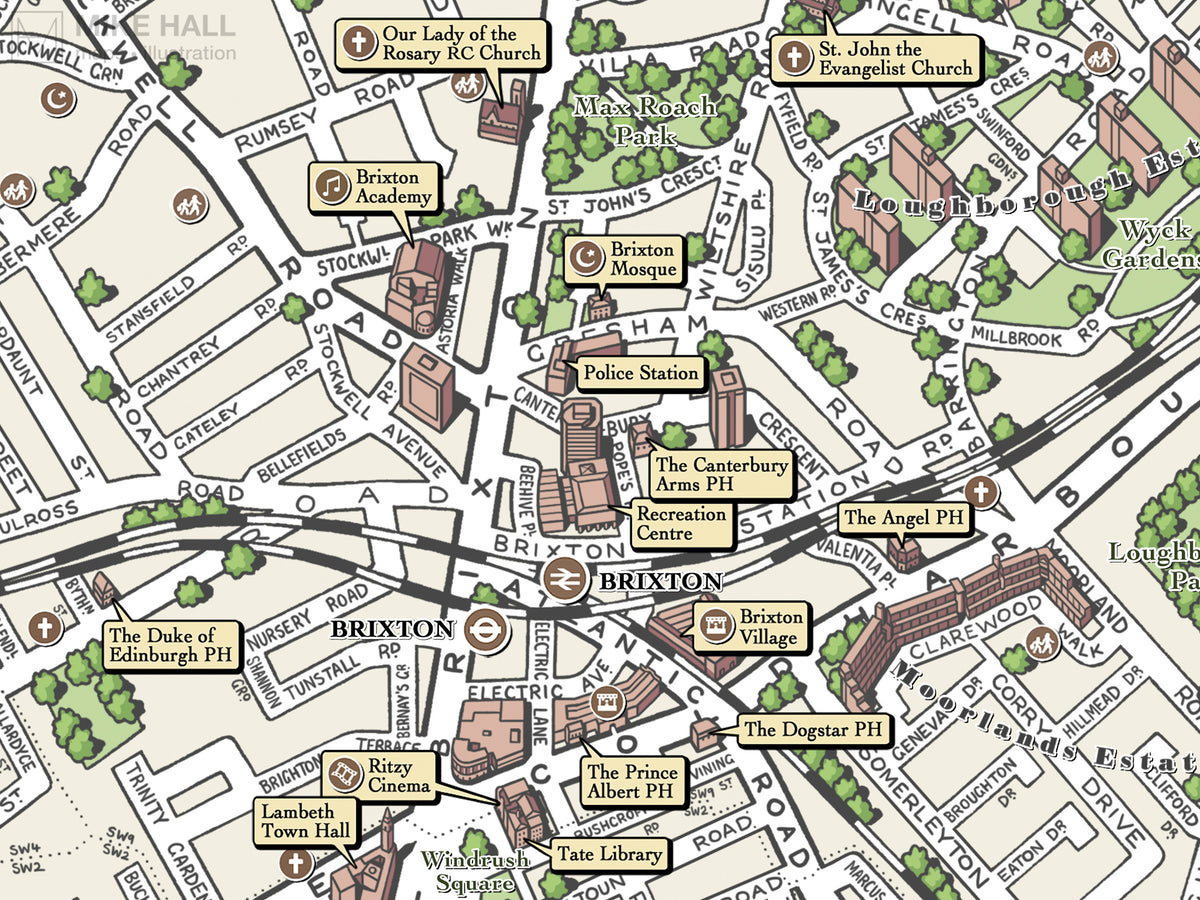 Brixton (London SW2/SW9) illustrated map giclee print – Mike Hall Maps ...