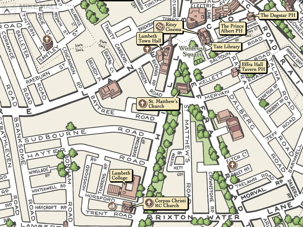 Brixton (London SW2/SW9) illustrated map giclee print – Mike Hall Maps ...
