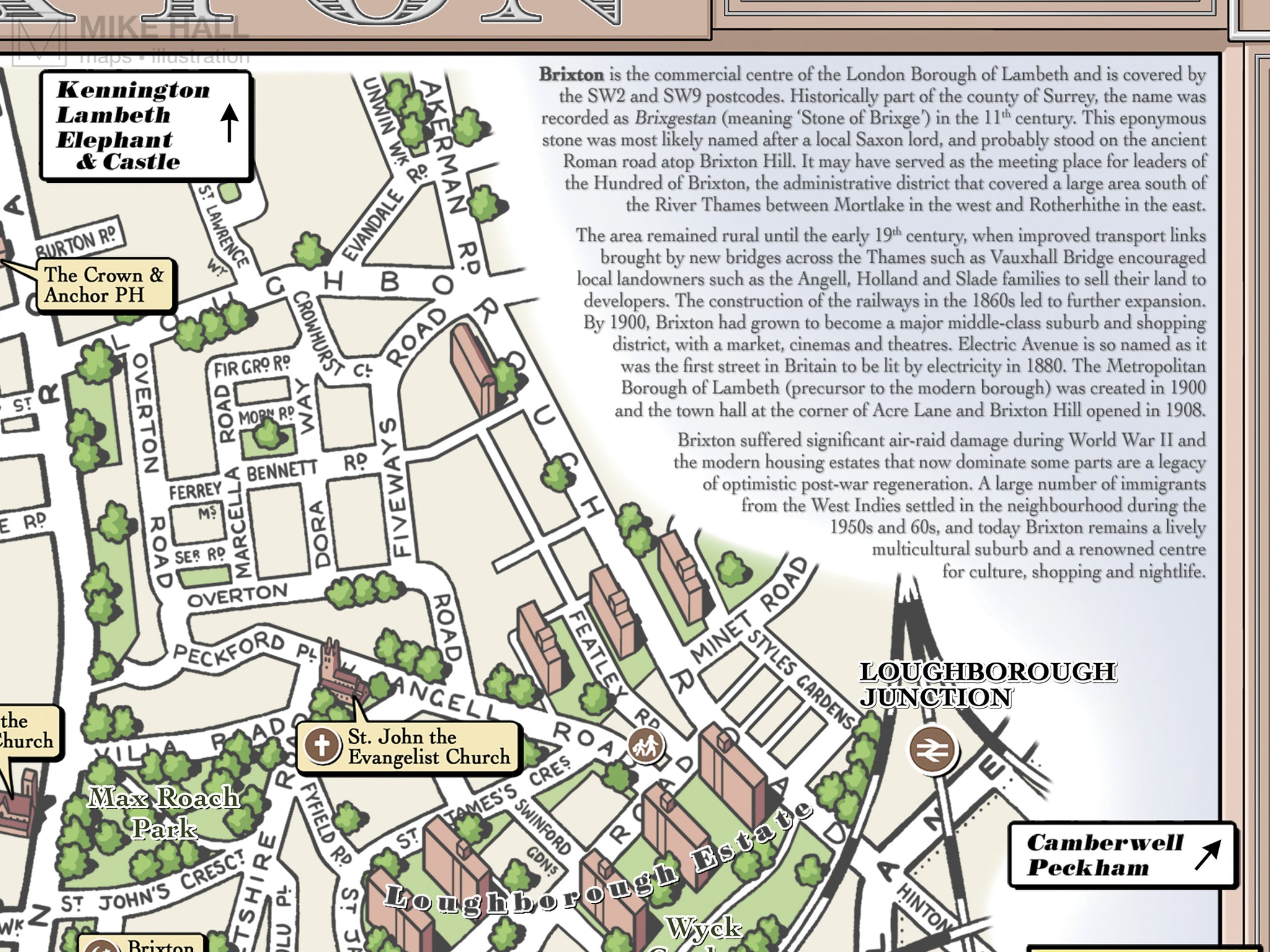 Brixton (London SW2/SW9) illustrated map giclee print – Mike Hall Maps ...