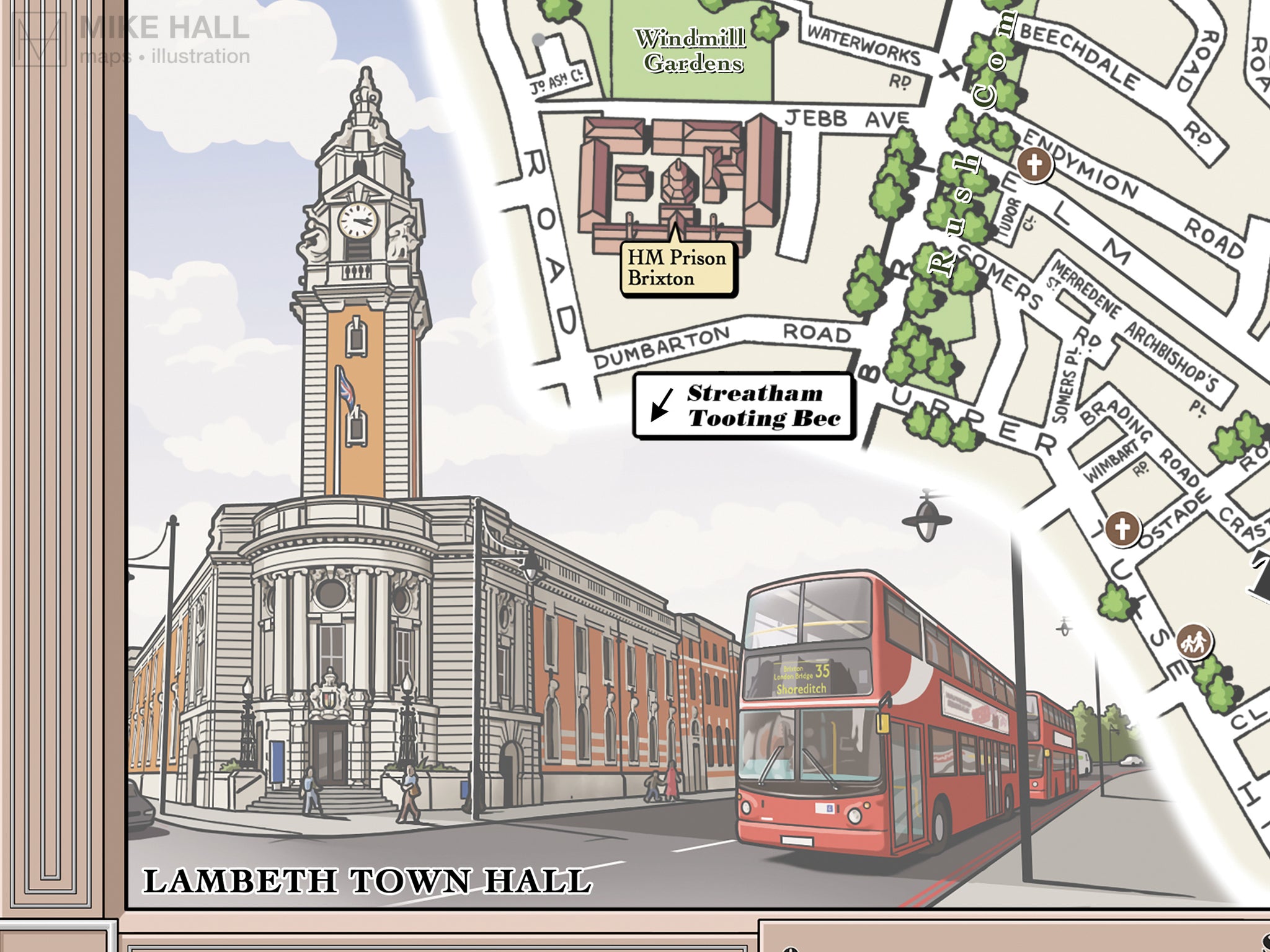 Brixton (London SW2/SW9) illustrated map giclee print – Mike Hall Maps ...