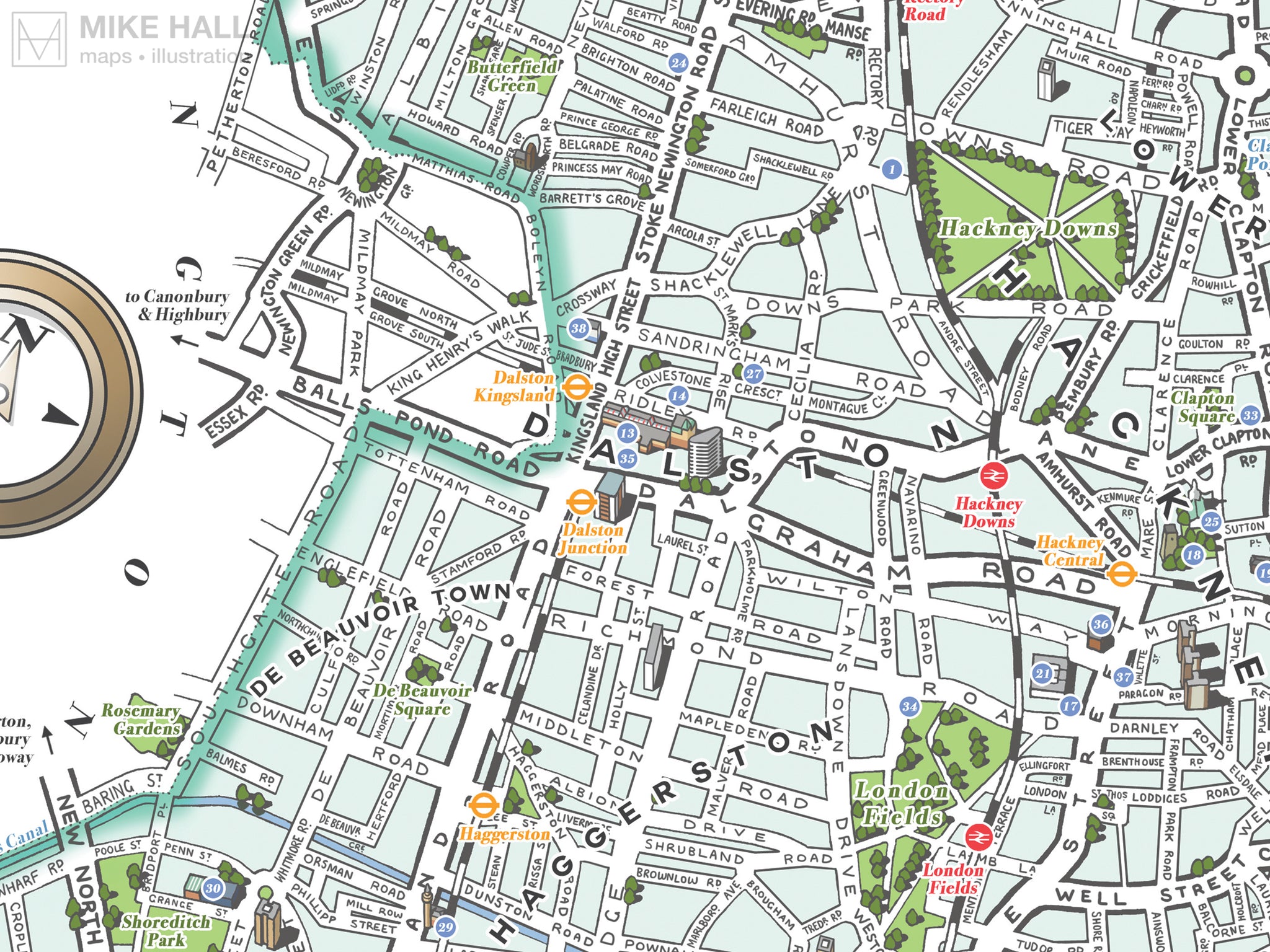 Hackney (London borough) illustrated map giclee print – Mike Hall Maps ...