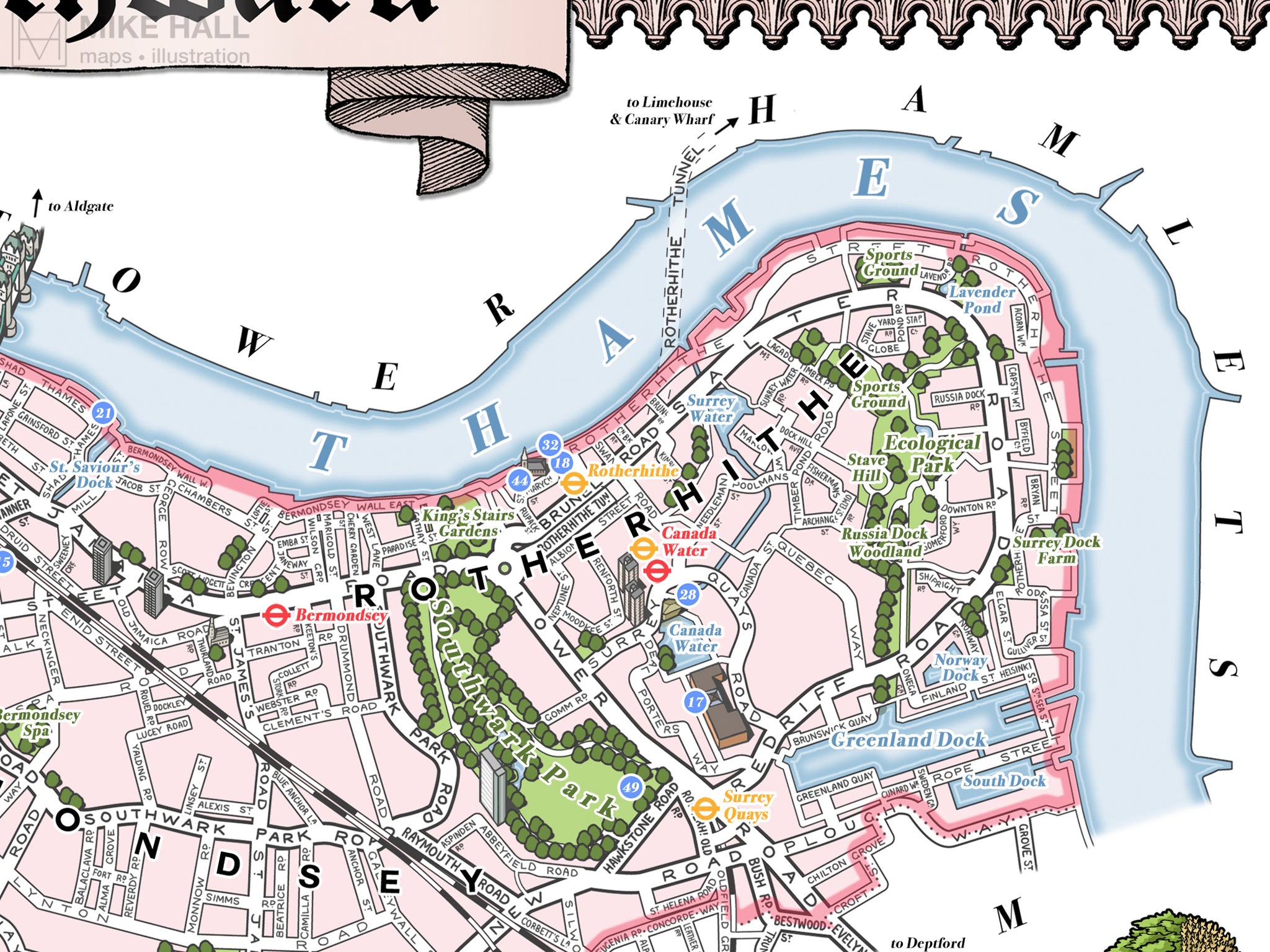 Southwark (London borough) illustrated map giclee print – Mike Hall ...