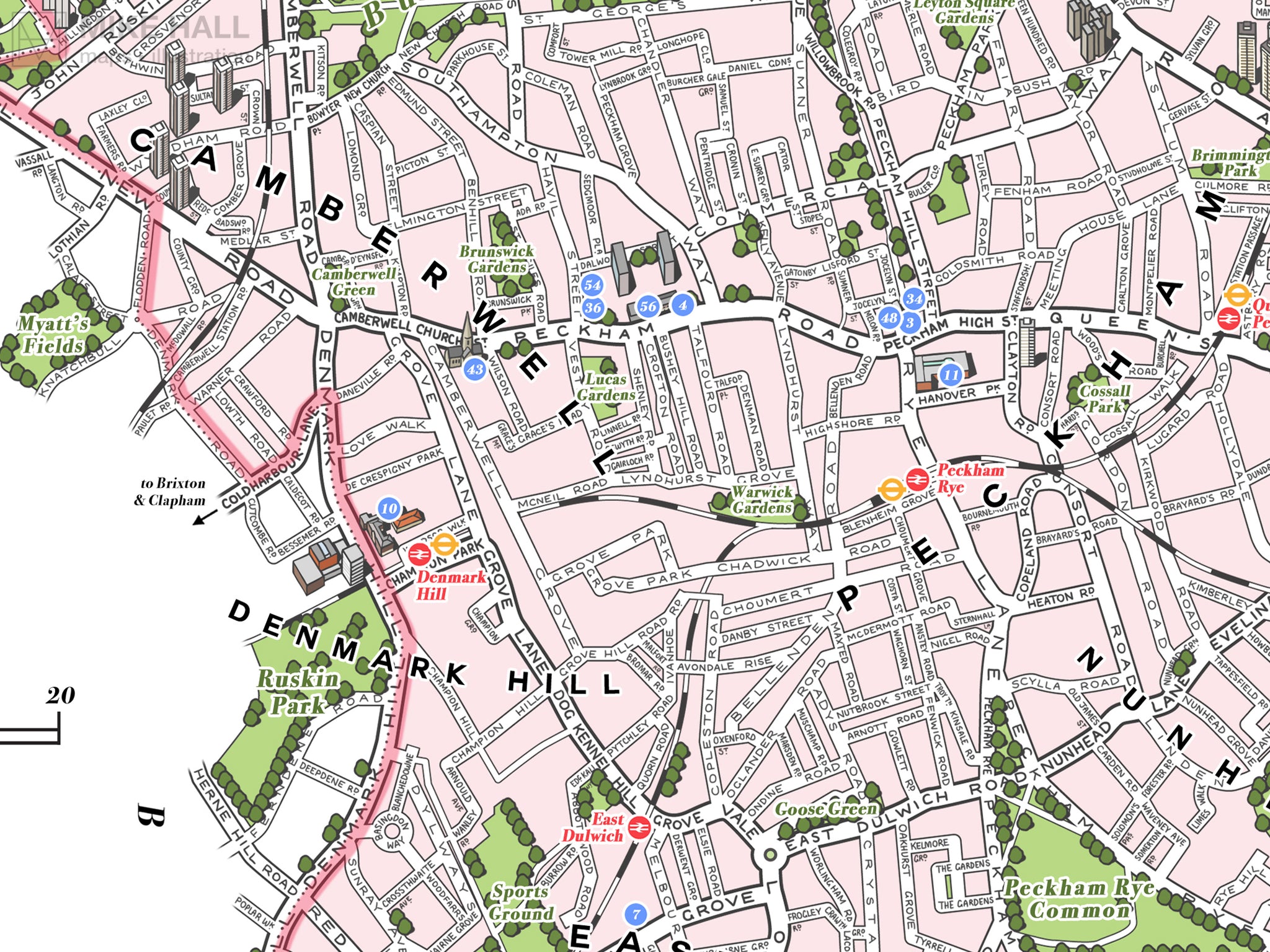 Southwark (London borough) illustrated map giclee print – Mike Hall ...