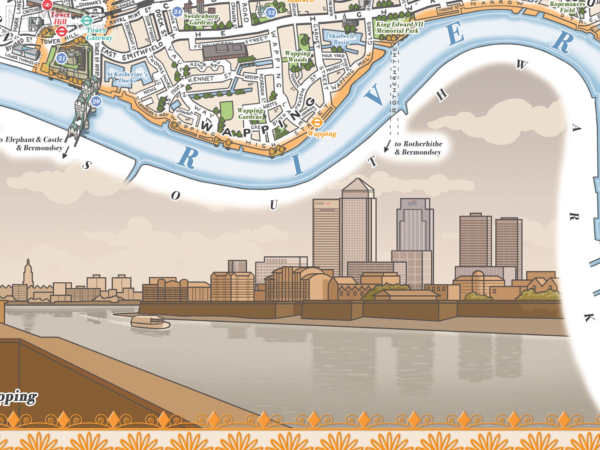 Tower Hamlets Map Vector Tower Hamlets (London borough) illustrated map giclee print – Mike Hall ...