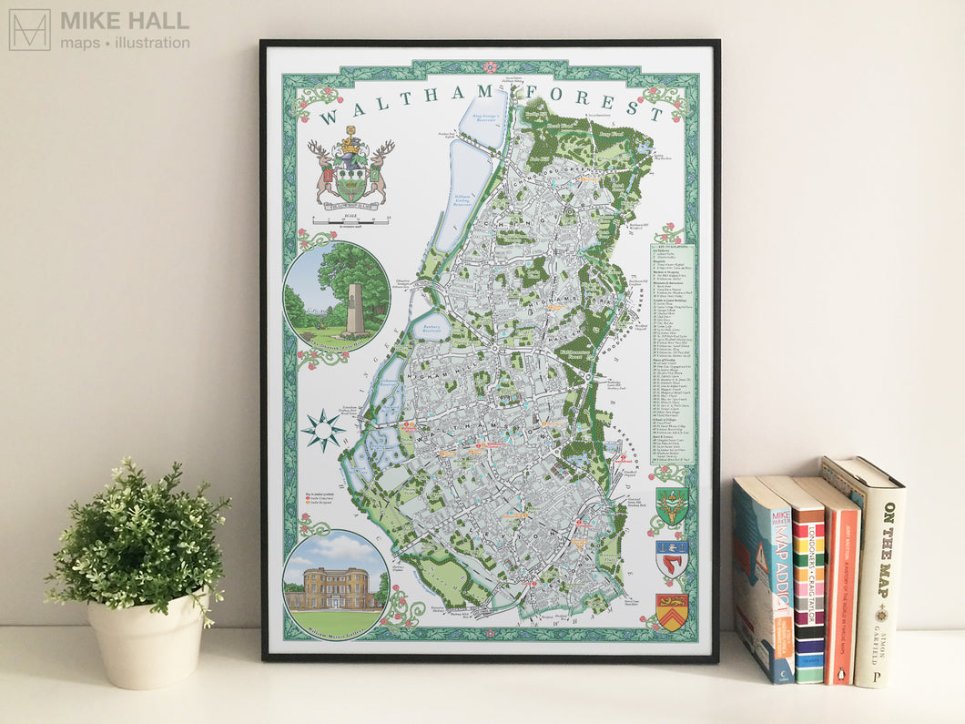 Waltham Forest (London borough) illustrated map giclee print