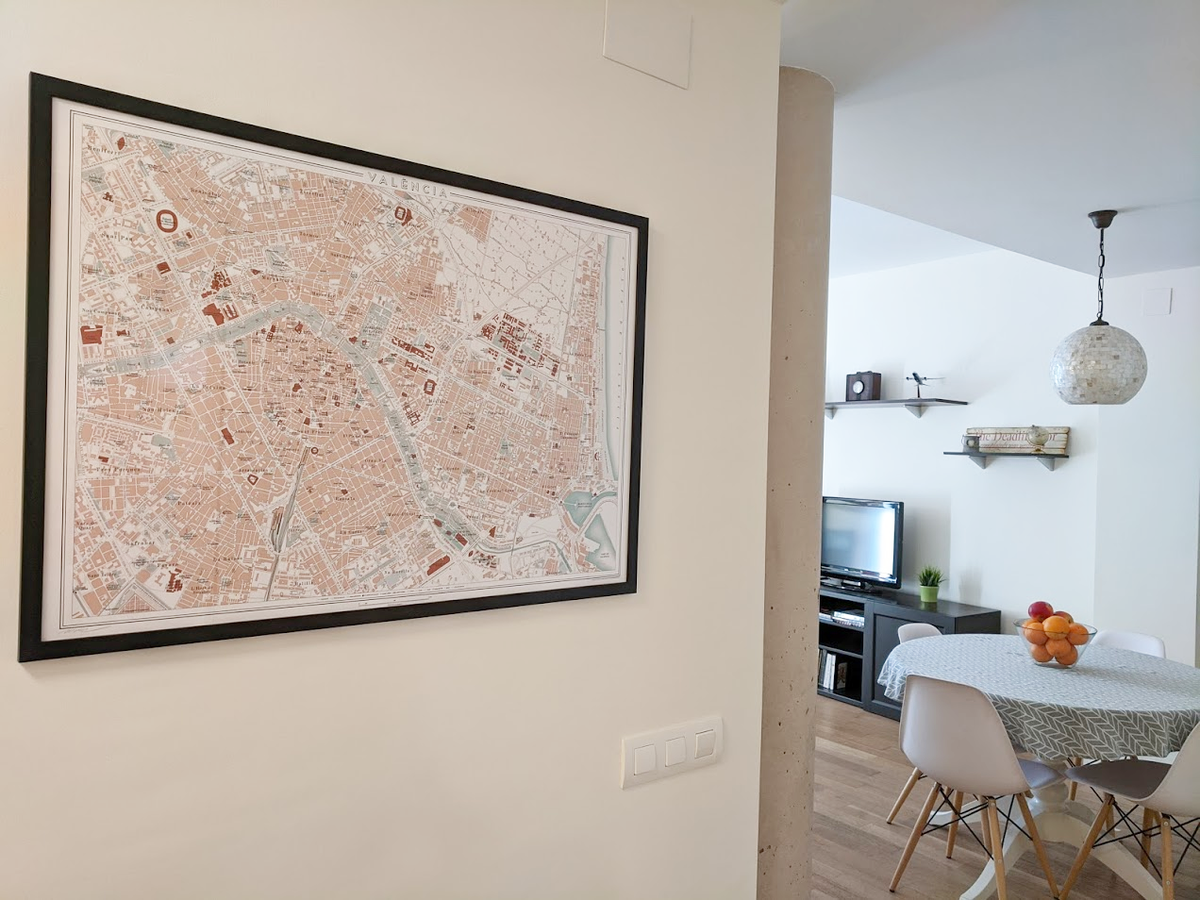 Framed 70 x 50 print of Mike Hall's Baedeker style map of Valencia