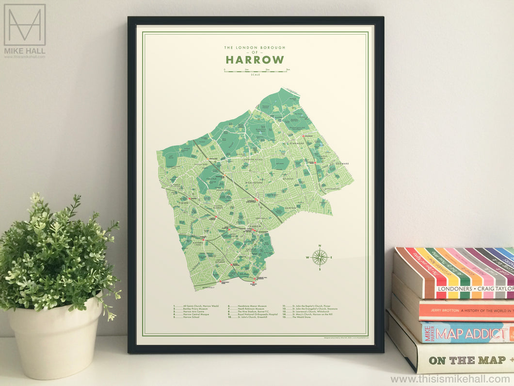 Harrow (London borough) retro map giclee print