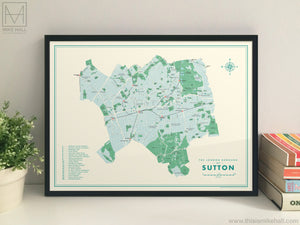 Sutton (London borough) retro map giclee print