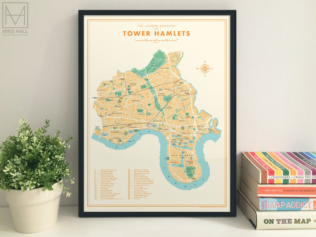 Tower Hamlets (London borough) retro map giclee print