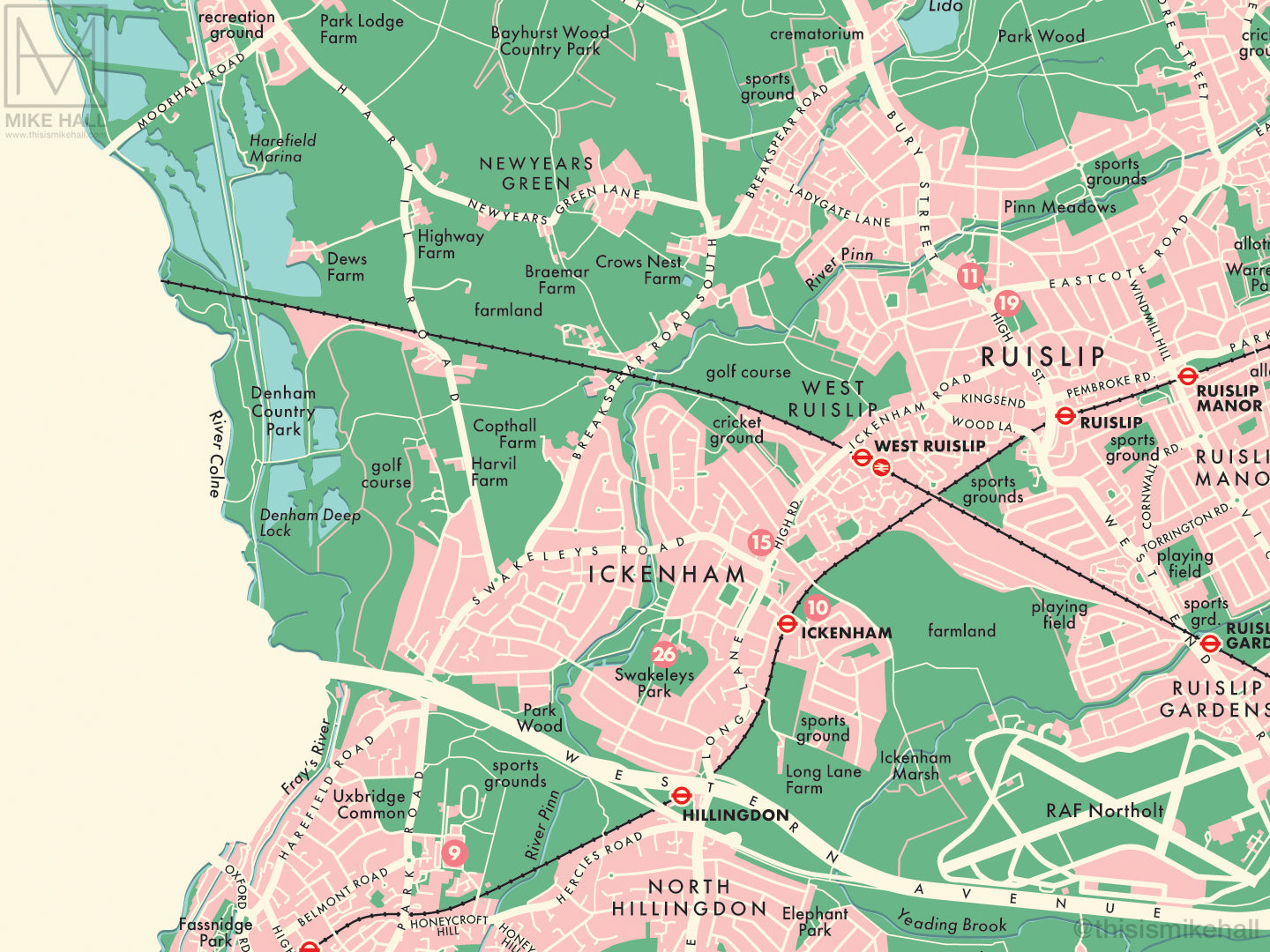 Hillingdon (London Borough) Retro Map Giclee Print – Mike Hall Maps ...