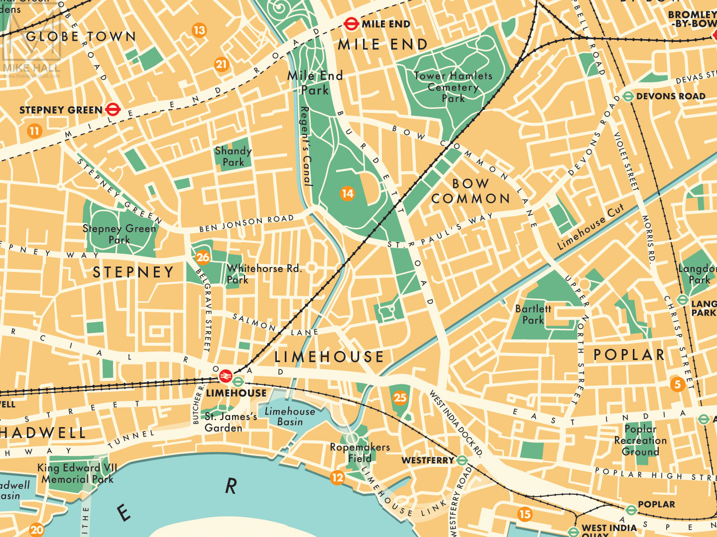 Tower Hamlets London Borough Retro Map Giclee Print Mike Hall Maps tower-hamlets-london-borough-retro-map-giclee-print-mike-hall-maps