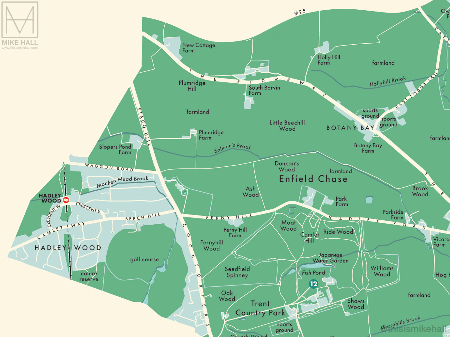 Enfield Rangers Map Enfield (London borough) retro map giclee print – Mike Hall Maps ...