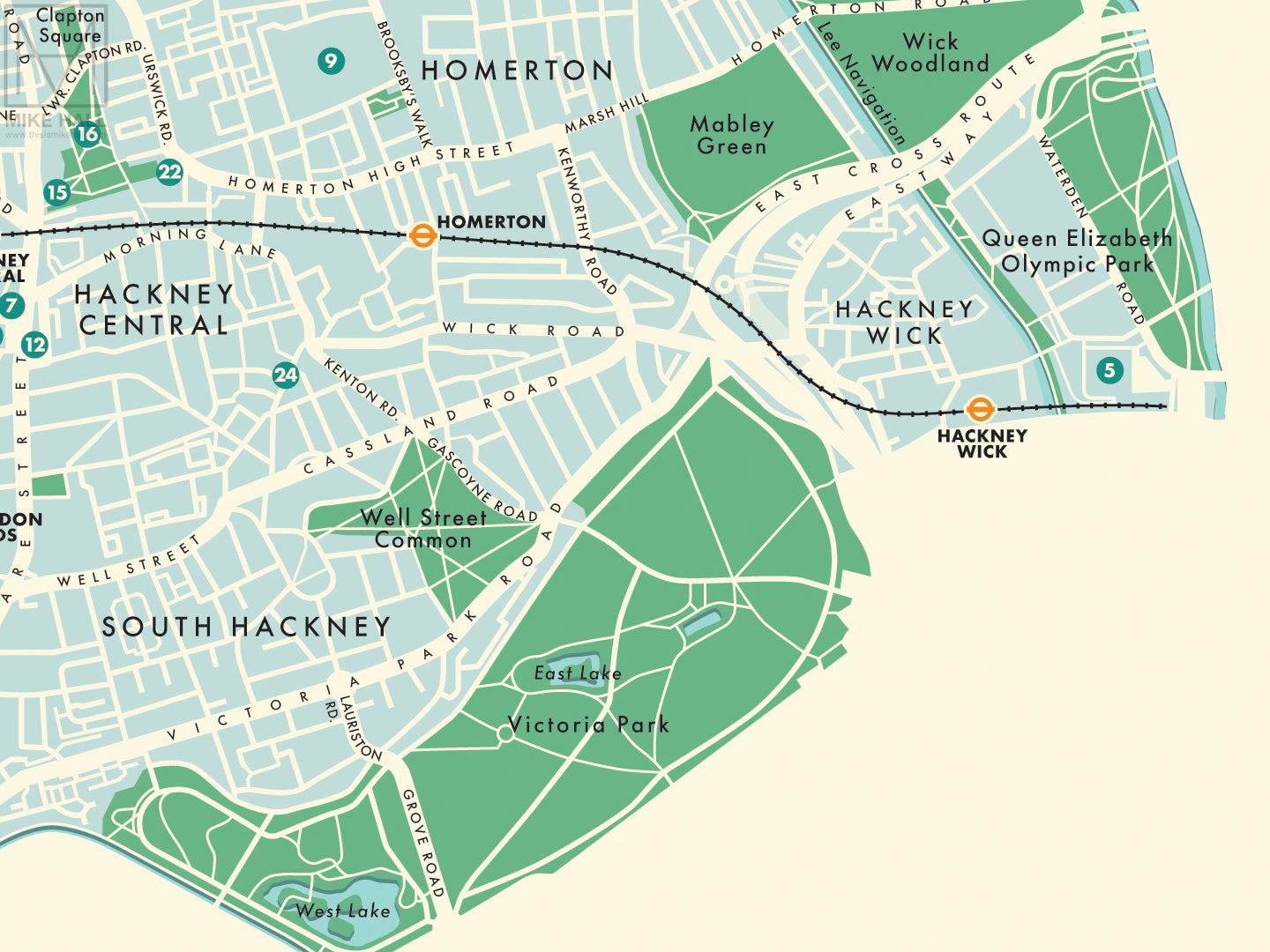Hackney (London borough) retro map giclee print – Mike Hall Maps ...