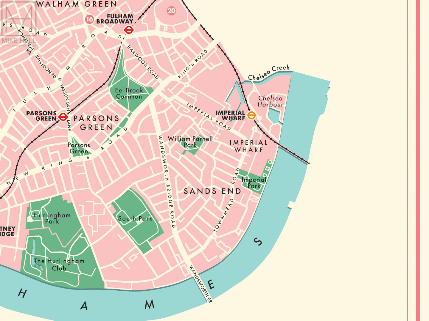 Hammersmith & Fulham (London borough) retro map giclee print – Mike ...