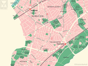 Kingston upon Thames (London borough) retro map giclee print