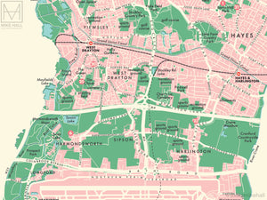 Hillingdon (London borough) retro map giclee print