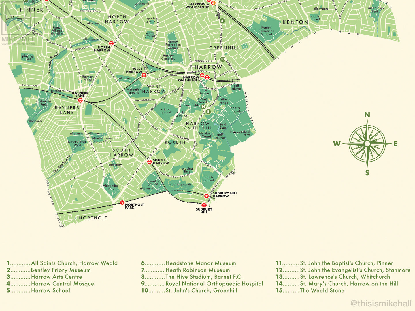 Harrow London Borough Retro Map Giclee Print Mike Hall Maps harrow-london-borough-retro-map-giclee-print-mike-hall-maps