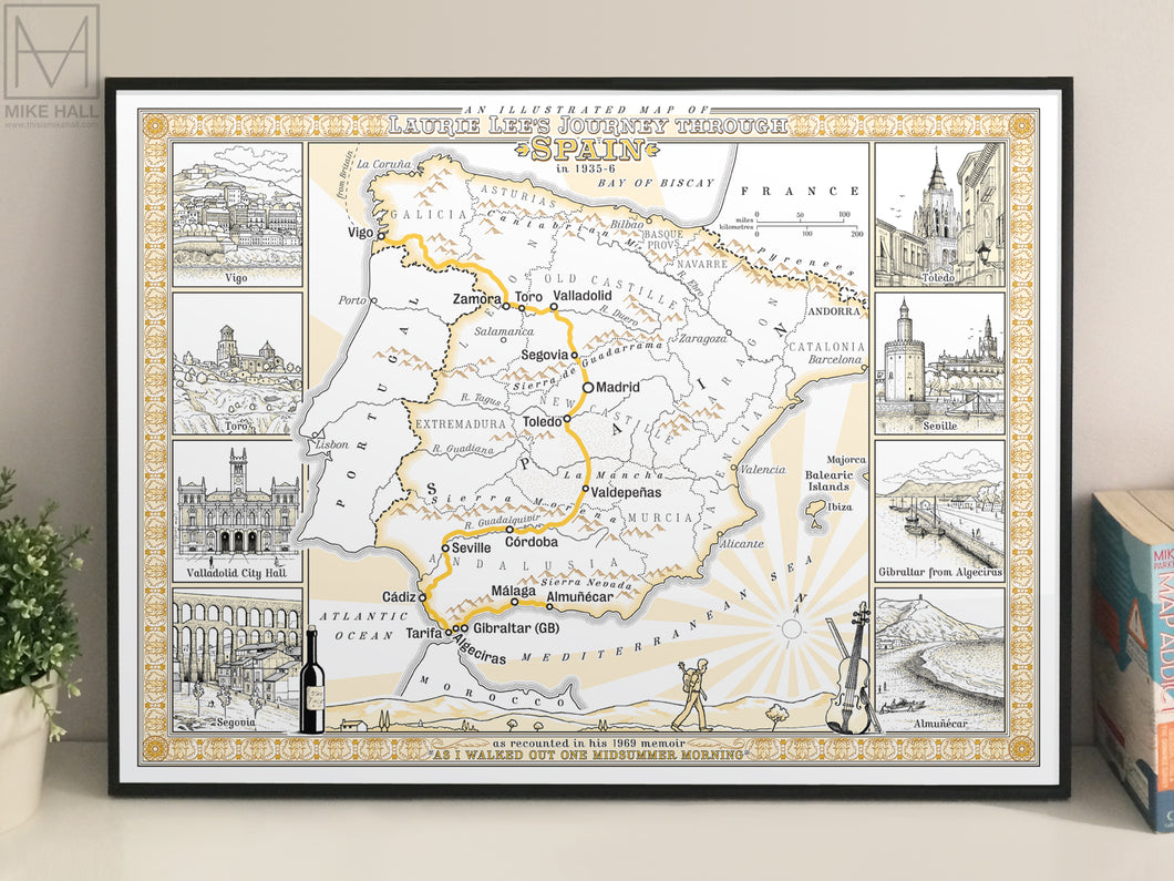 An Illustrated Map of Laurie Lee's Journey Through Spain in 1935-36 - decorative giclee print